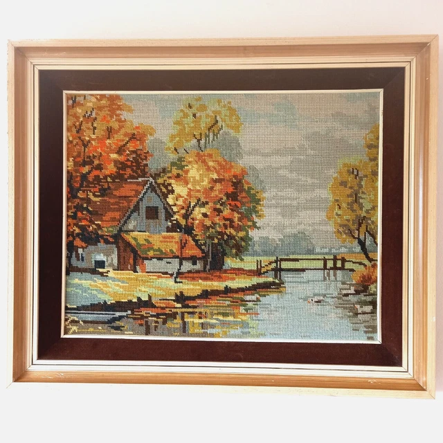 Tapiz de colección bordado enmarcado con aguja núcleo de cabaña de campo 20 x 24 in