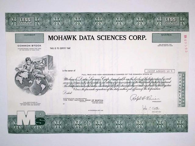 NY. Mohawk Data Sciences Corp., 1976. 100 Shrs Specimen Stock Cert., XF-AU FBNC