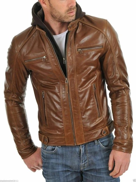 Uomo Vera Pelle con Cappuccio Racer Giacca Marrone Vintage Café Rétro Moto