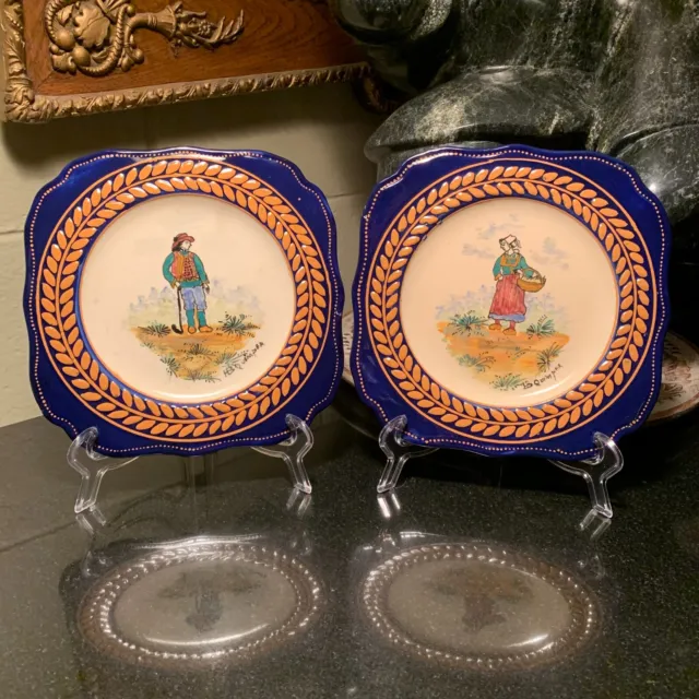 c.1900 HB Quimper France Broderie & Cobalt Trim Breton Man & Woman Square Plates