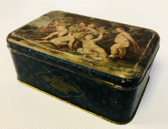 Blechdose Puttenmotiv Putten Gemälde Blech Engel um 1900 Vintage antik tin can