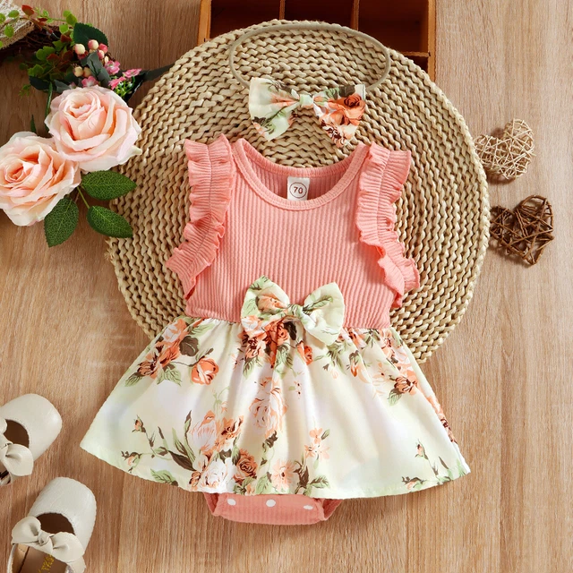 Abito con romper floreale senza maniche neonata bambina neonata + abiti con fascia