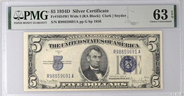 1934D $5 SILVER CERTIFICATE, FR-1654Wi, WIDE I, PMG CHOICE UNCIRCULATED 63 EPQ