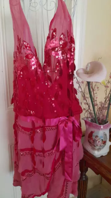 Cocktail Dress By Pierucci Couture Red/Pink Silk Blend Wrap Around Sequin Trims