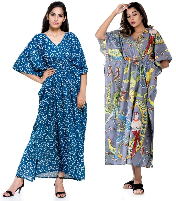 Donna Kaftano Vestito Maxi Casual Manica Kimono Sera Abito Cotone Prendisole 2