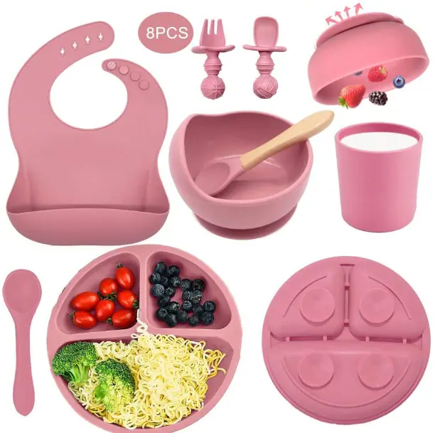 8pcs/Set Baby Silicone Tableware Feeding Set With Bib Plate Bowl Spoon Fork Cup