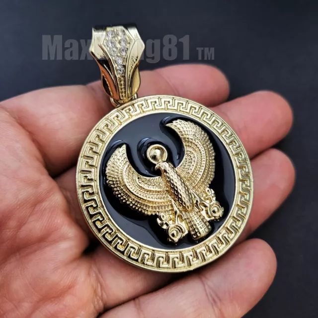 Hip Hop Iced Gold Plated Cubic Zirconia Egyptian Horus Bird Medal Charm Pendant