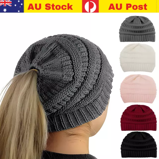 Womens Girls Winter Knitted Pony Tail Beanie Cap Stretch Comfy Hair Ponytail Hat 2