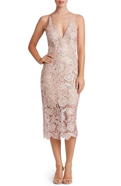 DRESS the POPULATION Nude Pink Marie Lace Sheer Hem Stretch V-Neck Sheath Midi L