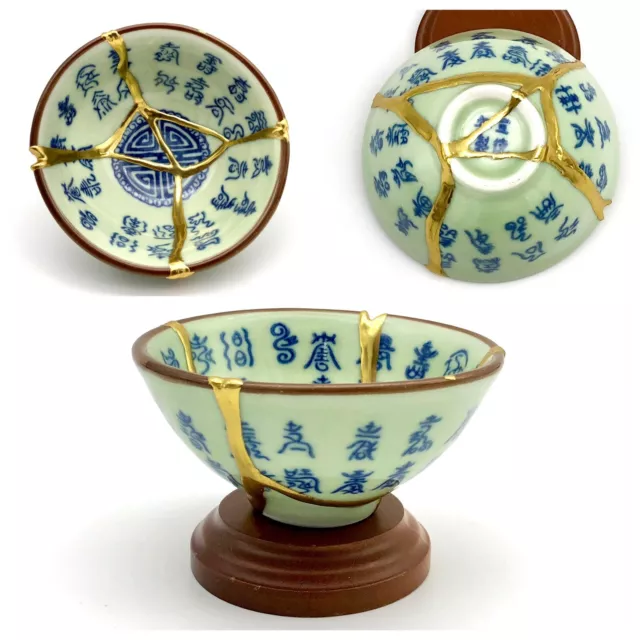 Kintsugi Cup Chinese Celadon Calligraphy Marked Chawan Gold Crack Growth Gift