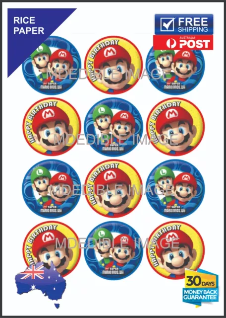 Super Mario  Edible Rice Paper Image Birthday Cupcake Toppers 12 x 2" Party