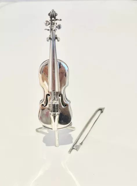 Vintage Miniature Sterling Silver Violin Model 925 175 AR Italy Stand & Bow
