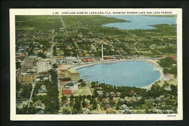 Florida FL postcard Lakeland, Mirror Lake & Lake Parker aerial view Curt Teich