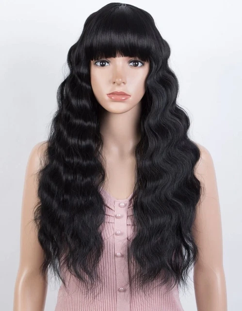 Perruque Synthétique Longue Noire Bouclée/Ondulée Avec Frange - Bonnet Moyen Offert +4 - Neuf Sans Étiquettes
