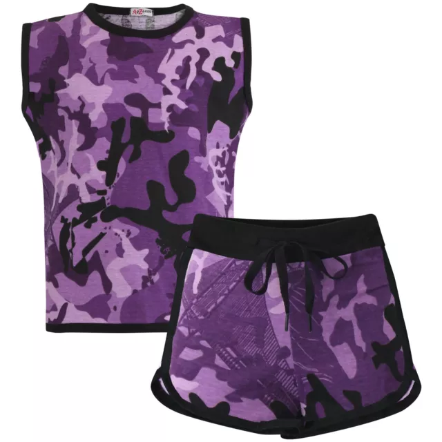 Kids Girls 100% Cotton Camouflage Purple Taped Vest Top Summer Shorts Set 5-13 Y
