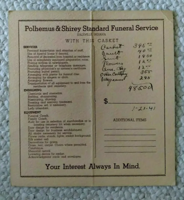 Vtg 1941 Polhemus & Shirey, Daleville Indiana, Standard Funeral Service Estimate