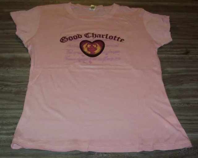 WOMEN'S TEEN GOOD CHARLOTTE The World Is Black T-shirt Punk Band LARGE PINK NEW