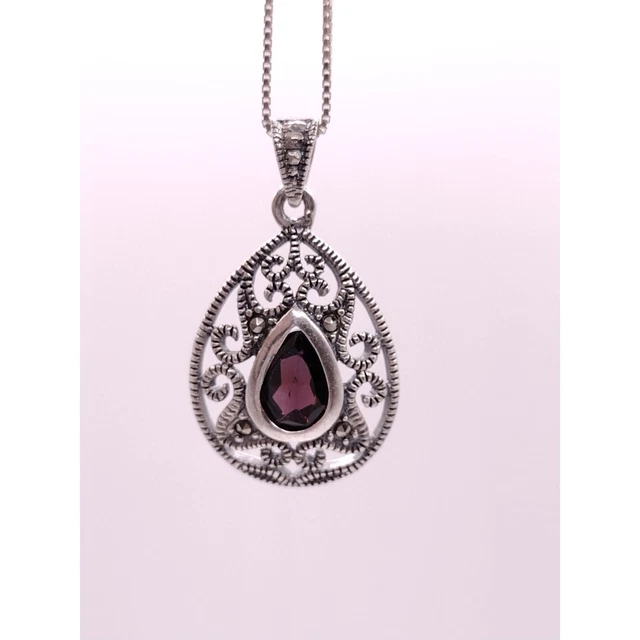 Sterling Silver Stamped JC Vintage Amethyst Marcasite Tear Drop Pendant Necklace