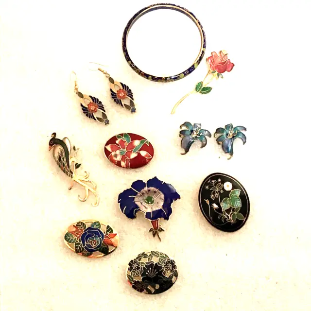 Vintage Job Lot Cloisonne Enamel Brooches Earrings Bangle Peacock Floral