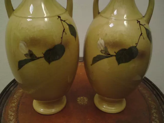 Pair Meiji signed art pottery vase with handles - Japanese camellia & butterfly 3