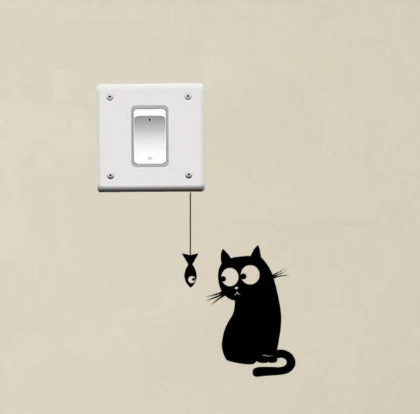 Hungry Cat See The Fish Funny Switch Stickers Home Decoration Vinyl Wall Decal