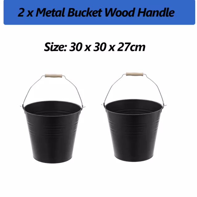 2 x 12L Black Metal Bucket Wood Handle Ice Water Storage Garden Wash Pot 30CM