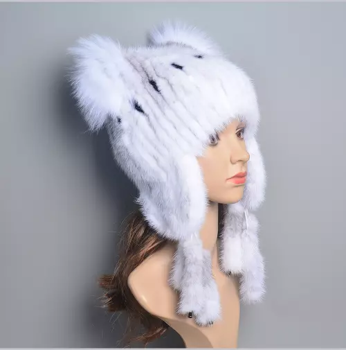 Women Natural Mink Fur Tails Earflap Winter Hat Real Fur Knitted Beanie Hat