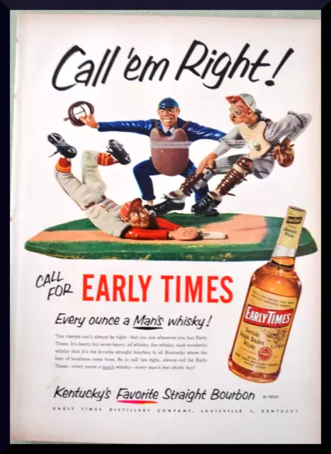 1952 Vintage Print ad for Early Times Kentucky Straight Bourbon Whisky Baseball