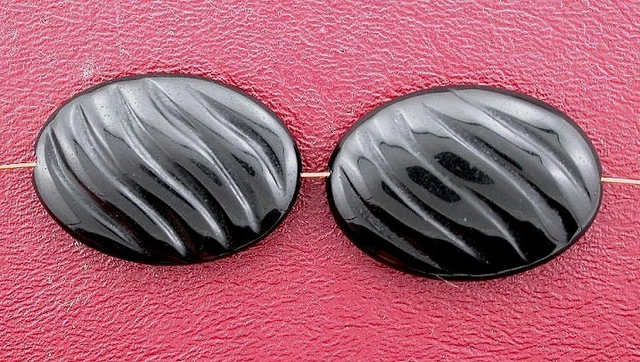 TWO 1 1/3 x 1 Inch Carved Blackstone Wavy Pendant Focal Bead Gemstone Gem 6572