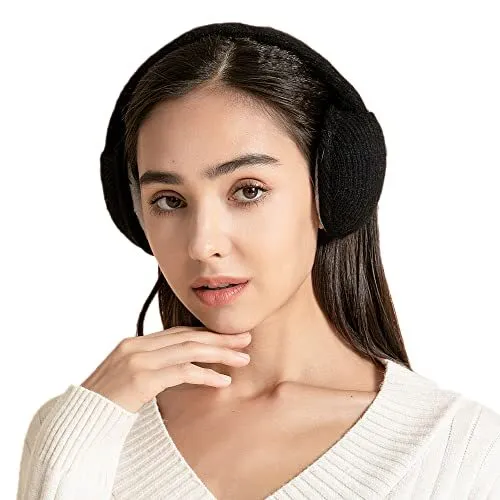 Womens Girls Winter Warm Adjustable Knitted Ear Warmers Foldable Earmuffs Black
