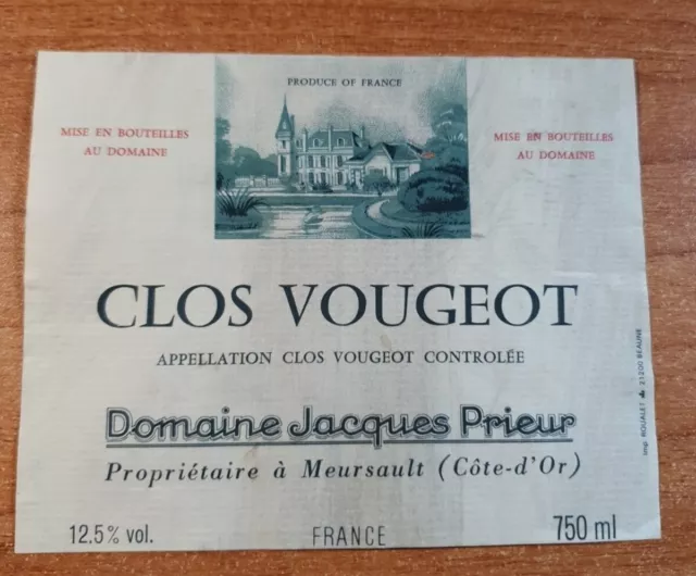 Etiquette de vin/ Wine Label CLOS VOUGEOT (PRIEUR J.) décollée
