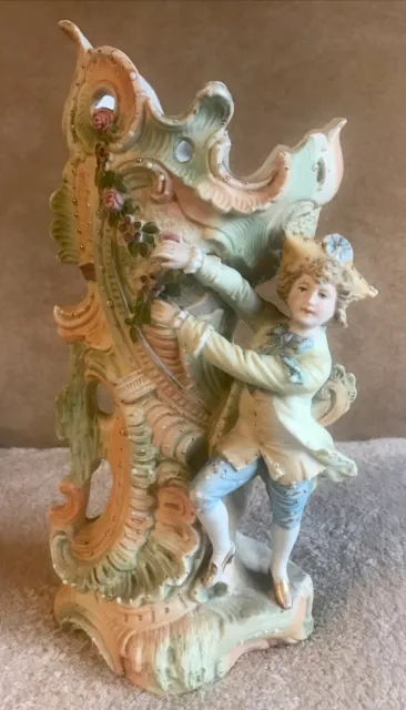 Stunning Vtg Victorian Boy Pastel Ceramic Porcelain Vase Figurine 11"