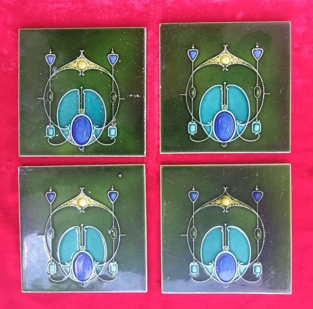 4 Piece Lot Old Art Flower Design Embossed Majolica Ceramic Tiles England 0379 3