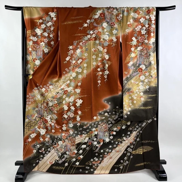 JAPANESE KIMONO FURISODE LONG SLEEVES LADIES WOVEN SILK Reddish brown  170cm