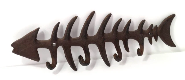 Anglers large 13.5" Cast Iron Fish Bone Skeleton Coat Hook Rack 4 wall Hooks