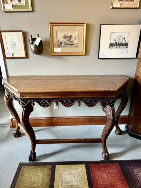 Antique Rustic Carved Oak Hexagonal Wood Peg Construction Hardwood Console Table