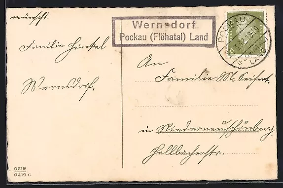 Ansichtskarte Landpoststempel Wernsdorf /Pockau Flöhatal Land 1932