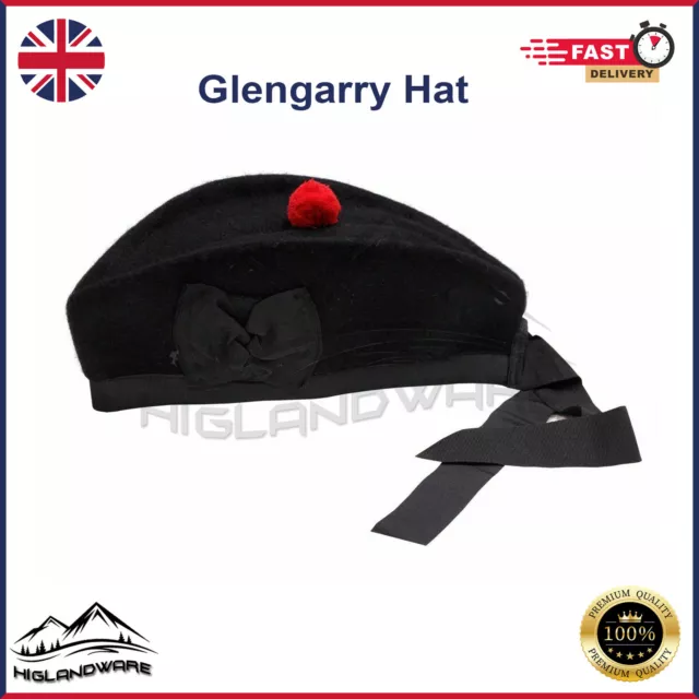 Glengarry Plain Hat Black Pure Wool Scottish Piper Bonnet Cap Red Pompom on Top