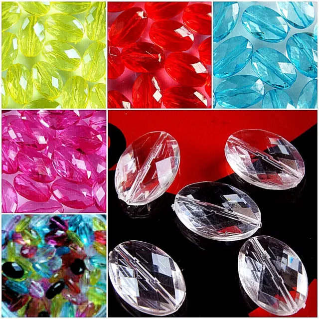 100 x ACRYLIC BEADS~OVAL~MULTICOLOUR~FACETED, 15 x 10mm