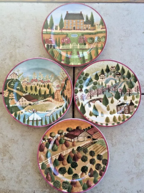 BLOCK Vtg 1995 Country Village 4 Ceramic Salad Plates Spring Summer Fall Winter