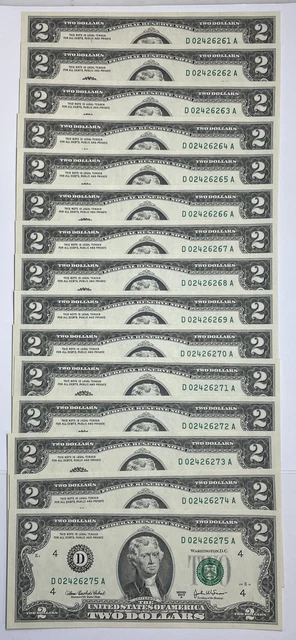 2003A (D) $2 Federal Reserve Notes DA Block 15 Consecutive UNC CRISP Cleveland