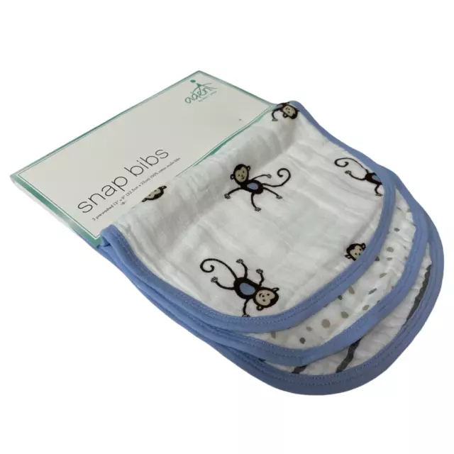 Aden Anais 3 Pack Snap Bibs Monkeys Cotton Muslin 13 x 9 Inch New Very Cute