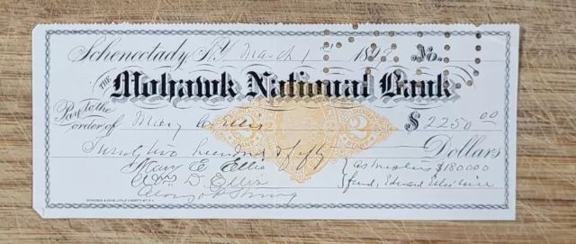 Bank Check 1899 Schenectady New York Mohawk National Bank Revenue Stamp