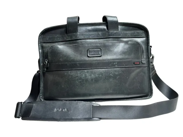 Tumi Alpha Slim Black Leather Distressed Portfolio Briefcase Laptop Bag