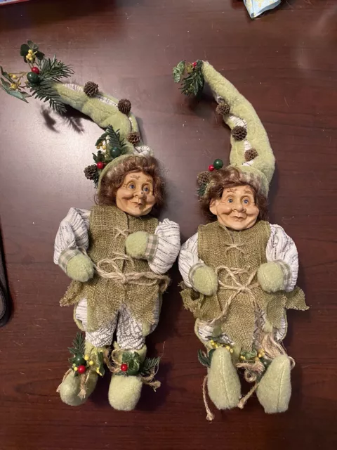 Pair of Elves Christmas Decor Posable Elf Holiday Decoration- EUC