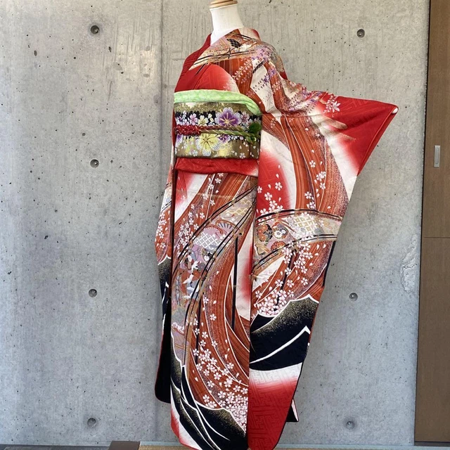 Japanese Kimono Pure Silk Furisode Crane Cherry Blossoms Snowflake Patterns