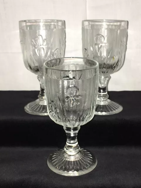 3 Jeannette IRIS CRYSTAL *4 1/4" 3oz WINE GOBLETS*