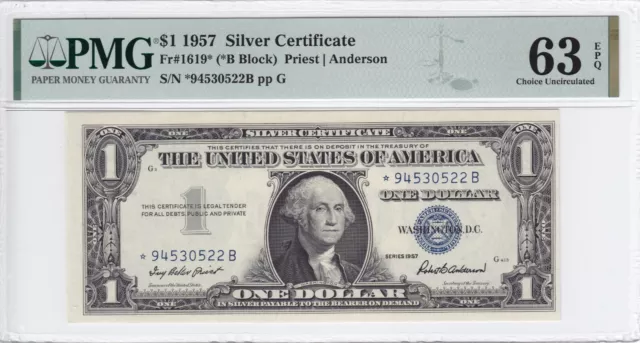 1957 $1 Silver Certificate STAR Note FR#1619* PMG CU 63 EPQ *94530522B