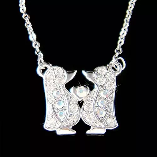 Pingouin Avec Cristal Swarovski Amoureux Antarctica Cœur Amour Famille Collier