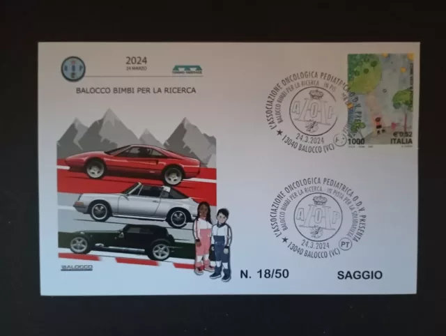 SAGGIO Cartolina postale annullo primo giorno "Balocco Bimbi per la Ricerca" AOP